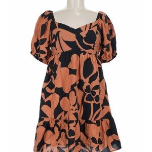 Nine West Rust and Black Floral Puff-Sleeve Mini Dress